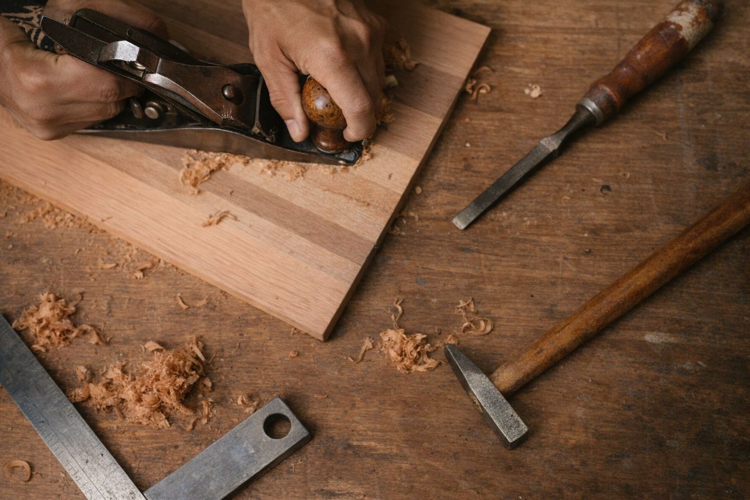 Snickare som använder en hyvel på en träskiva vid en arbetsbänk.
